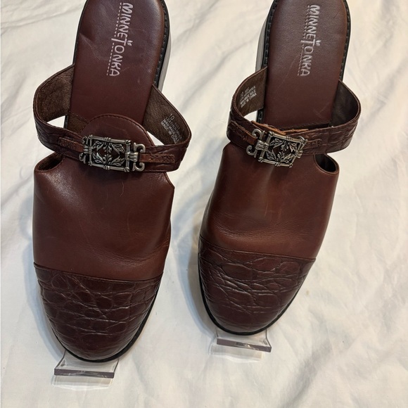 Minnetonka Shoes - Minnetonka Women's Dark Brown Leather Mules with Buckle